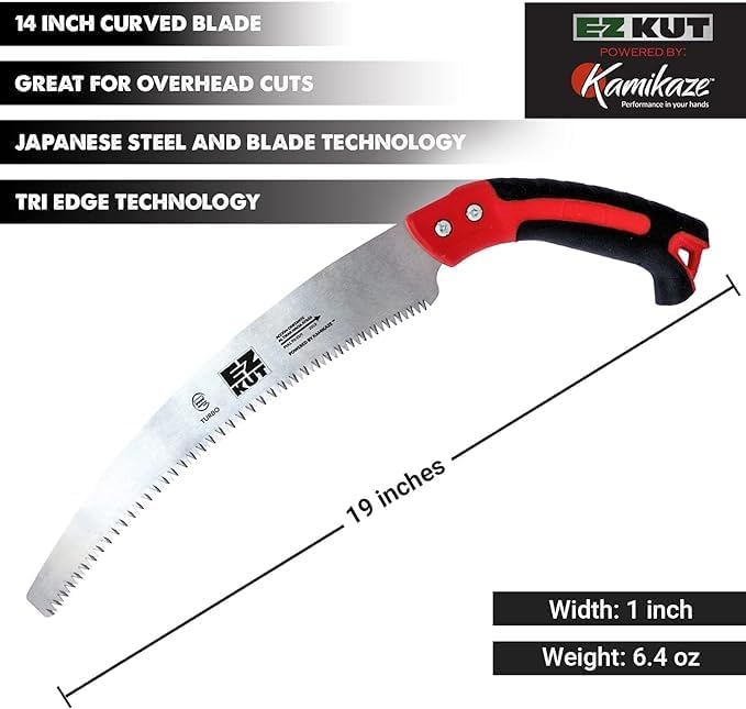 EZ Kut Kamikaze Max Saw Curved Blade with Scabbard - 19.3 Inch Heavy Duty Pruning Saw - Carbon Hardened Steel Japanese Technology- Best Pruning Saw for Tree Trimming & Branches - Made in Spain