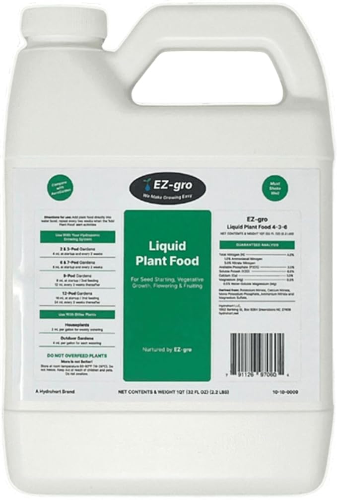 EZ-GRO Liquid Plant Food for AeroGarden, IDOO, and Hydroponic Growing System - 1 QT | All-in-One Nutrient Solution for Seed Starting, Vegetative Growth, Flowering, and Fruiting