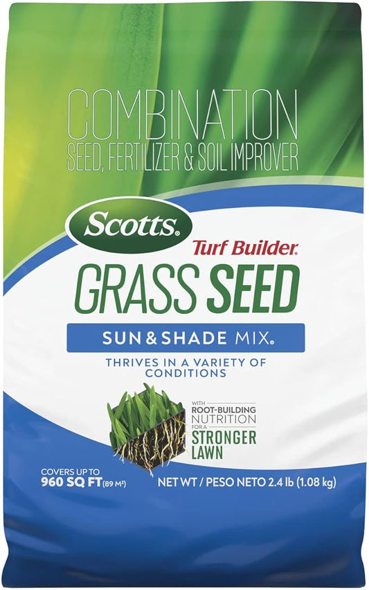 Scotts Turf Builder Grass Seed Sun & Shade Mix with Fertilizer and Soil Improver, Thrives in Many Conditions, 2.4 lbs.