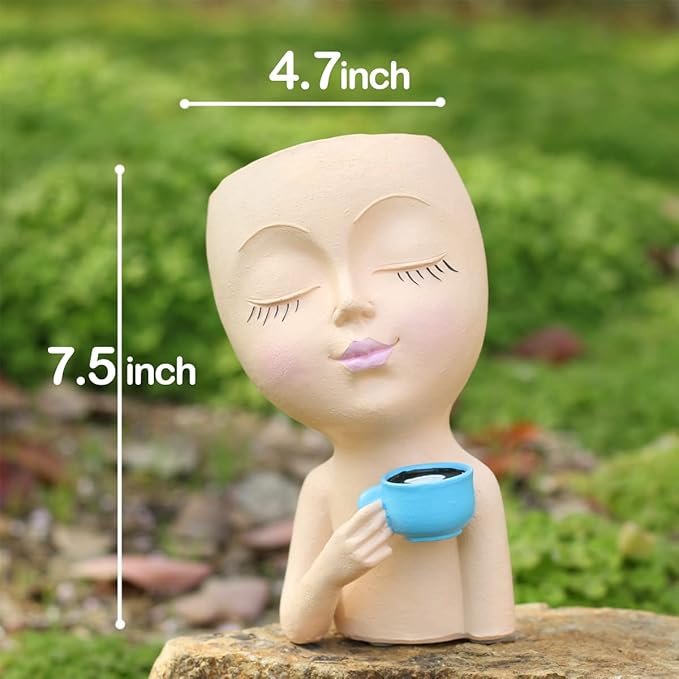 Face Pot for Plants, with a Base,Face Flower Pot for Indoor Outdoor Plants Resin Succulent Planter with Drainage Hole Cute Lady Face Plant Pots(Lignt Orange)