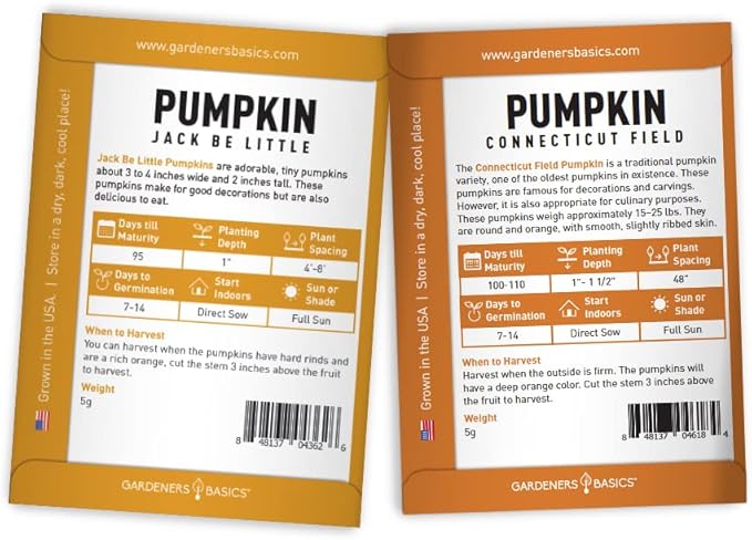 Gardeners Basics, Pumpkin Seeds to Plant - 5 Variety Baby Boo, Giant Big Max, Jack Be Little, Jack O Lantern, Sugar Pie, Great for Pumpkin Seed for Summer, Fall, Pumpkin Seeds for Planting