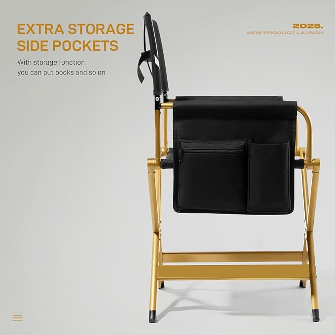 EVER ADVANCED Aluminum Directors Chair, Folding Studio Movie Chairs Camping Event Vendor Chair, 19" Seat Height Black Fabric/Golden Frame, Support 350lbs