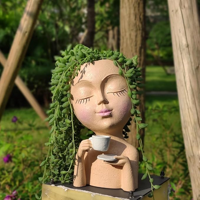 Face Planter Pots, Resin Face Planter for Indoor/Outdoor Plants,Head Planter with Drainage Hole/Removable Saucer,Girl Holding Coffe (Coffee, Light)
