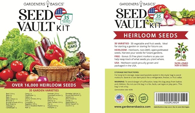 Survival Vegetable Seeds Garden Kit Over 16,000 Seeds Non-GMO and Heirloom, Great for Emergency Bugout Survival Gear 35 Varieties Seeds for Planting Vegetables 35 Free Plant Markers Gardeners Basics