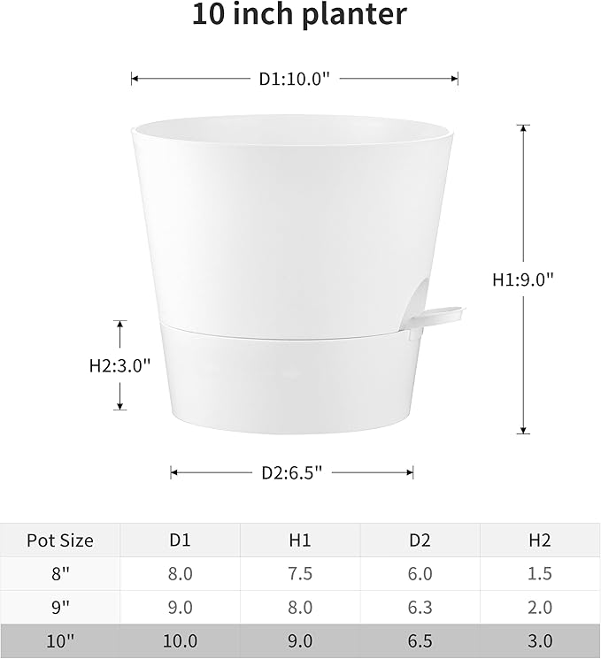 FaithLand 2-Pack 10 Inch Planter Pots for Indoor Outdoor Plants, Self Watering Flower Pots with Deep Reservoir, White …