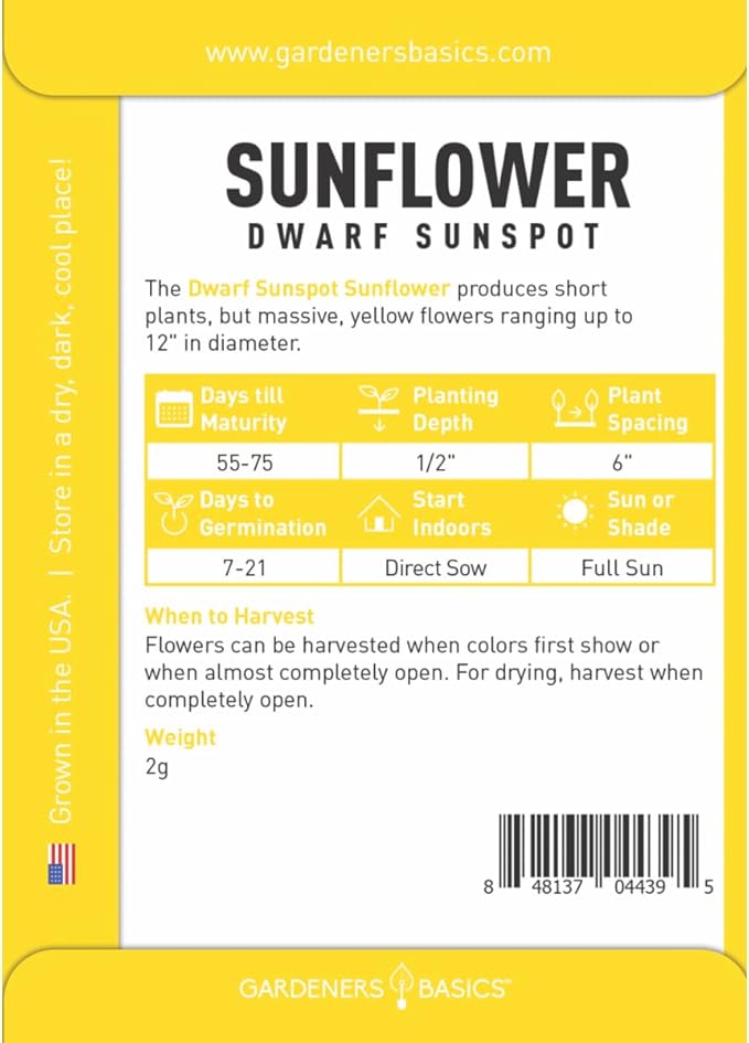 Gardeners Basics, Dwarf Sunflower Seeds for Planting Flowers - (Yellow Sunspot) is an Open-Pollinated, Non-GMO Sun Flower Variety- Dwarf Yellow Sunflower Seeds Great for Outdoor Flower Gardening