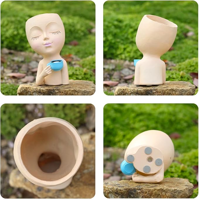 Face Pot for Plants, with a Base,Face Flower Pot for Indoor Outdoor Plants Resin Succulent Planter with Drainage Hole Cute Lady Face Plant Pots(Lignt Orange)