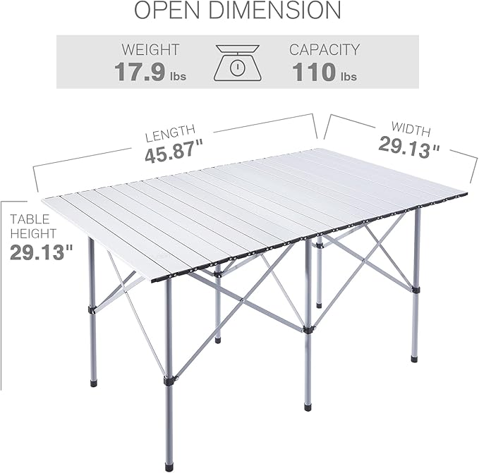 EVER ADVANCED Camping Table, Fold up Lightweight, 4-6 Person Portable Roll up Aluminum Table with Carry Bag for Outdoor, White