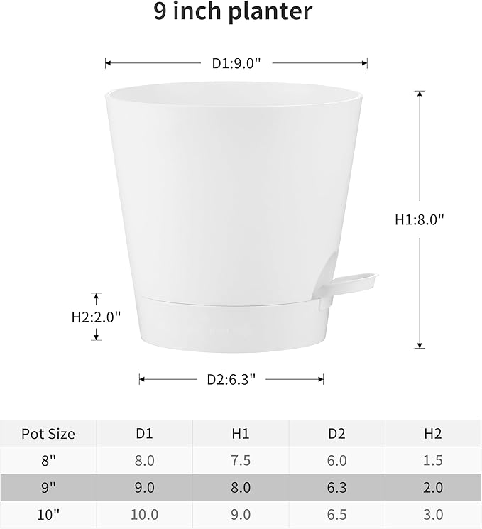 FaithLand 2-Pack 9 Inch Planter Pots for Indoor Outdoor Plants, Self Watering Flower Pots with Deep Reservoir, White …