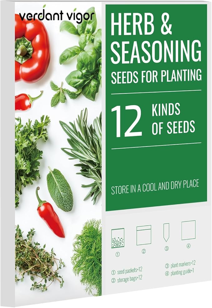 12 Varieties of Seasoning Seeds for Planting, Family Culinary Spice Herb & Veggie Seeds Packet, Basil, Rosemary, Thyme, Cilantro, Pepper, Mint, Non-GMO, Heirloom, for Home Garden Indoor Outdoor