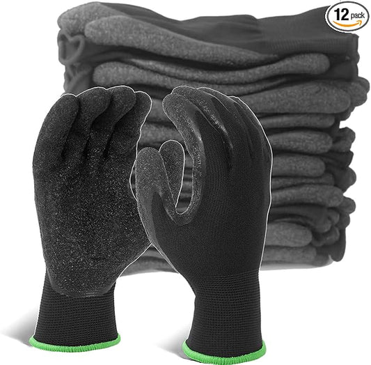 Evridwear Crinkle Latex Rubber Hand Coated Safety Work Gloves for Men Women General Multi Use Construction Warehouse Gardening Assembly Landscaping (XL-Size) 12 Pairs Pack