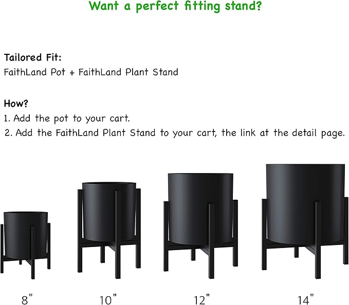 FaithLand Plant Pot 14 inch - Perfectly Fits Mid-Century Modern Plant Stand - Drainage Plug and Drainage Mesh Screen - Matte Black