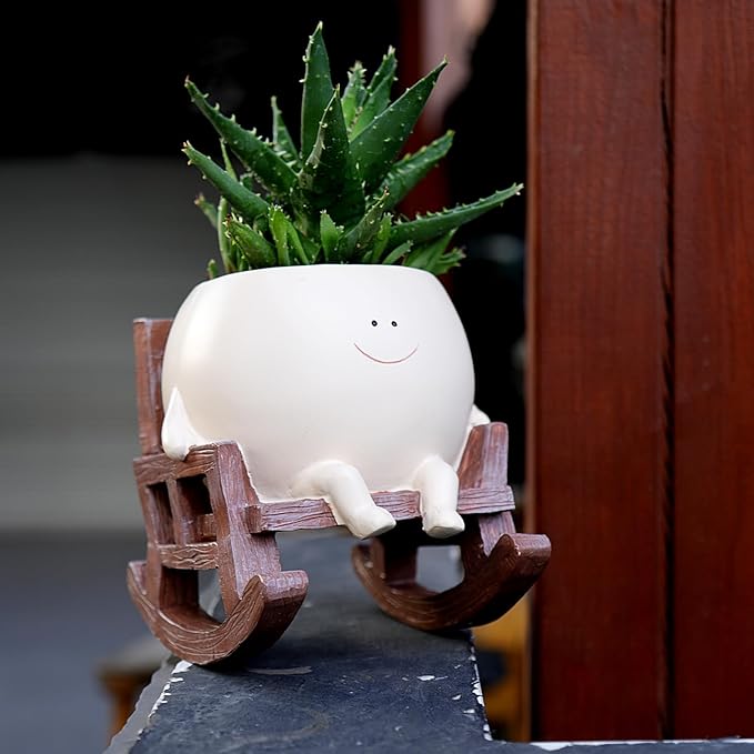 Face Planter Pots Cute Smile Flower Planter for Indoor Outdoor Plants Resin Rocking Chair Succulent Pot for String of Pearls Unique Gift on Mother's Day, Birthday, Christmas(Large)