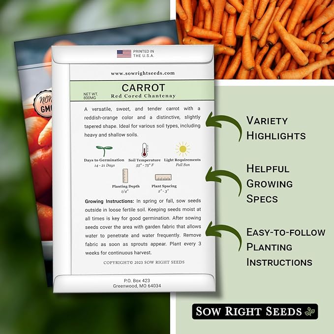 Sow Right Seeds - Red Cored Chantenay Carrot Seeds for Planting - Non-GMO Heirloom Packet with Instructions to Plant an Outdoor Home Vegetable Garden - Golden-Orange with Rare Bright Colored Core (1)