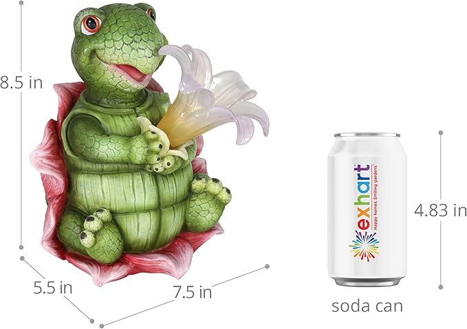Exhart Solar Turtle Garden Statue, LED Lily Flower, Durable Resin, Cute Yard Décor, 7.5"x5.5"x8.5"