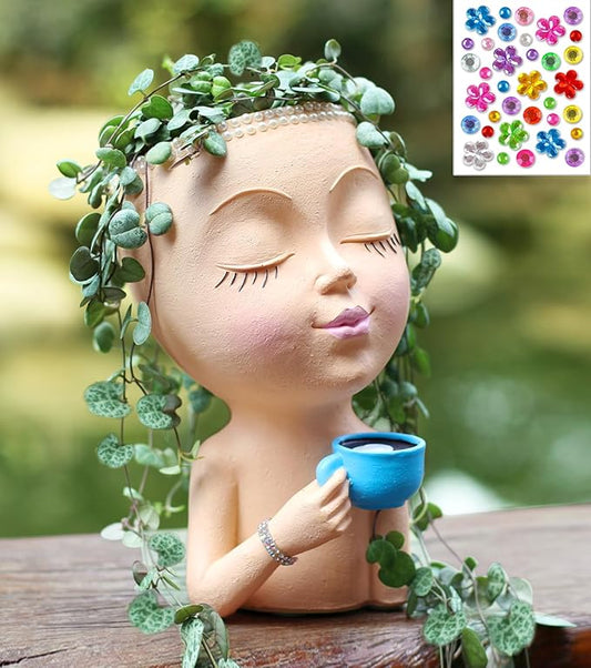 Face Pot for Plants, with a Base,Face Flower Pot for Indoor Outdoor Plants Resin Succulent Planter with Drainage Hole Cute Lady Face Plant Pots(Lignt Orange)