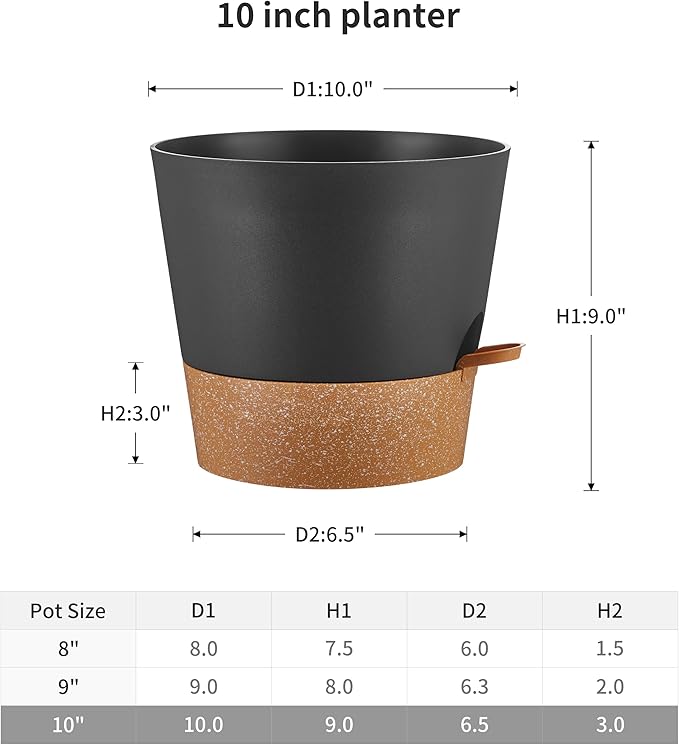 FaithLand 2-Pack 10 Inch Planter Pots for Indoor Outdoor Plants, Self Watering Flower Pots with Deep Reservoir, Black with Terracotta …