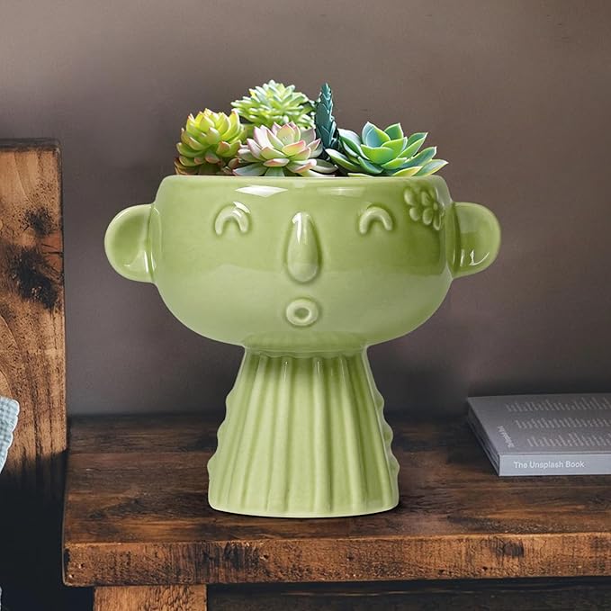 Face Planter Pot - 7 Inch Ceramic Head Planter for Indoor Plants Outdoor, Cute Succulent Flower Pots with Drainage Hole, Room Home Garden Decor, Gardening Gifts, Green