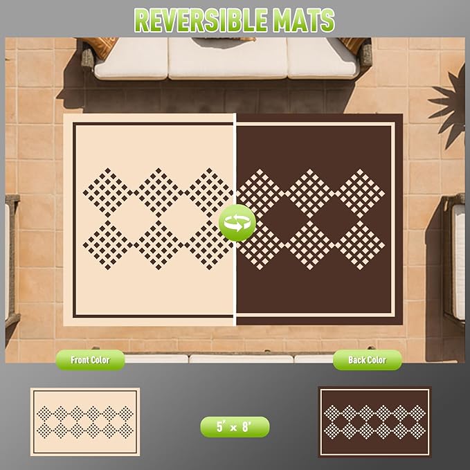 WILDROOTS 5x8 Feet Square String Plastic Outdoor Rug, Stain Resistant Waterproof Reversible Outdoor Patio Rug, Fade Resistant Camping Rug