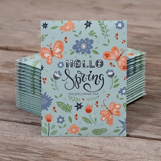 Hello Spring Blue Background - Wildflower Mix Seed Packets: 25 Wildflower Seed Packets for Planting - Flower Seeds - Garden Seed to Grow Live Plants - Spring Flowers - Bentley Seed Co.