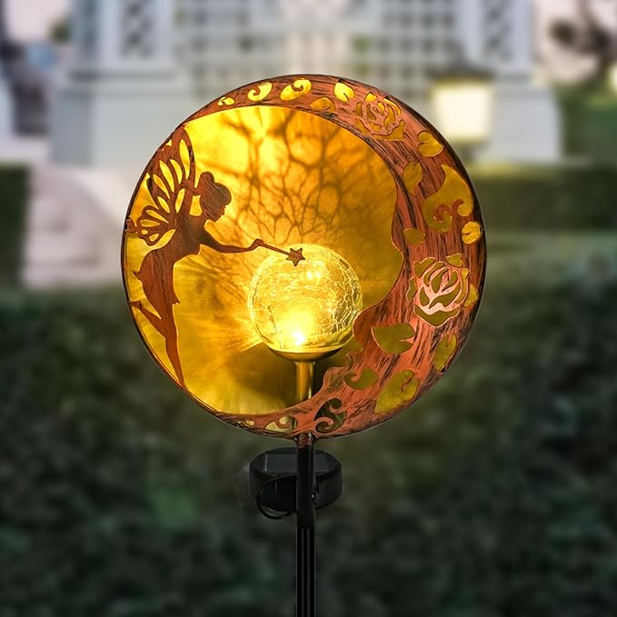 Fairy Solar Garden Light, Decorative Outdoor Statue, Moon Star Decor Stake, Metal Sculpture Decoration for Yard, Lawn, Patio, Pathway, Housewarming, Birthday Gift for Mom, Grandma, Women