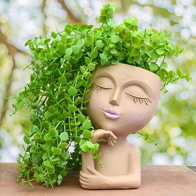 Face Planters Pots Head Planter, Plant Pots with Heads for Plants, Lady Statue Plant Pot, Unique Flower Pots with Drainage, Thinking Women Statue, Boho Vase, Cute Vases Home Decor Gift (7 Inch Khaki)