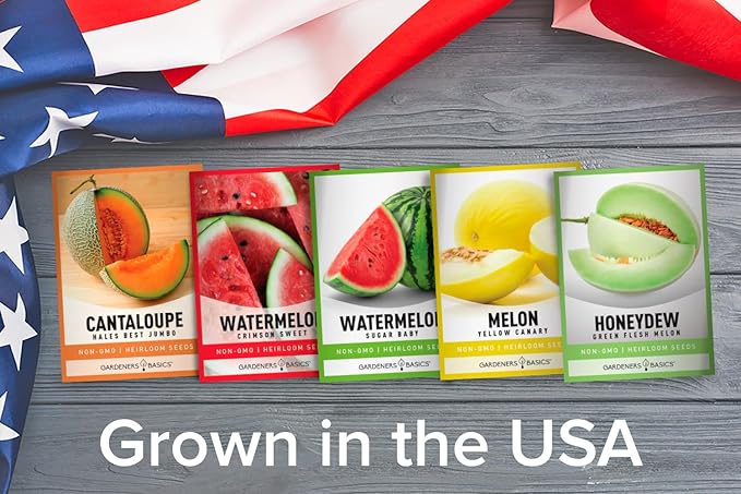 Gardeners Basics, Melon Fruit Seeds for Planting Home Garden 5 Variety Packs - Hales Best Cantaloupe, Crimson Sweet Watermelon, Yellow Canary Melon, Green Flesh Honeydew Melon, Sugar Baby Watermelon