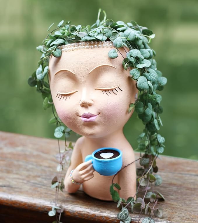 Face Pot for Plants, with a Base,Face Flower Pot for Indoor Outdoor Plants Resin Succulent Planter with Drainage Hole Cute Lady Face Plant Pots(Lignt Orange)