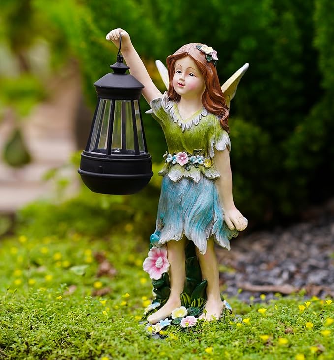 Fairy Garden Statue Solar Garden Fairy with Lantern Light Outdoor Garden Decoration Waterproof Solar Garden Sculpture for Patio Yard Lawn Gift for Mom Grandma