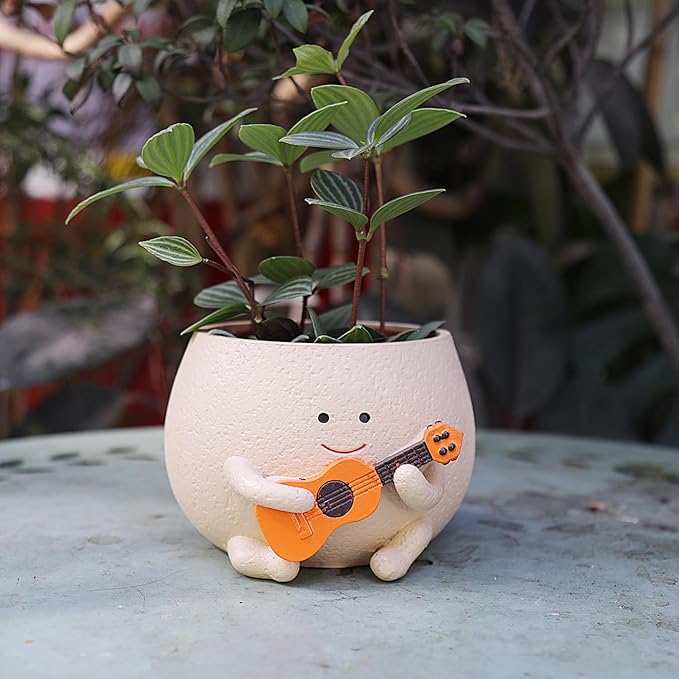 Face Planter Pots for Indoor Plants Cute Guitar Plant Pot, Smiley Face Flower Pots Succulents Planter Gift Ideal for Mother and Christmas (L)