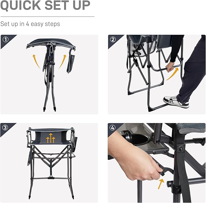 EVER ADVANCED Portable 30.7" Seat Height Tall Folding Camping Chair Directors Chair High Foldable Bar Stool with Side Table for Makeup Artist, Sports Event, Craft Show, Supports 350LBS Grey