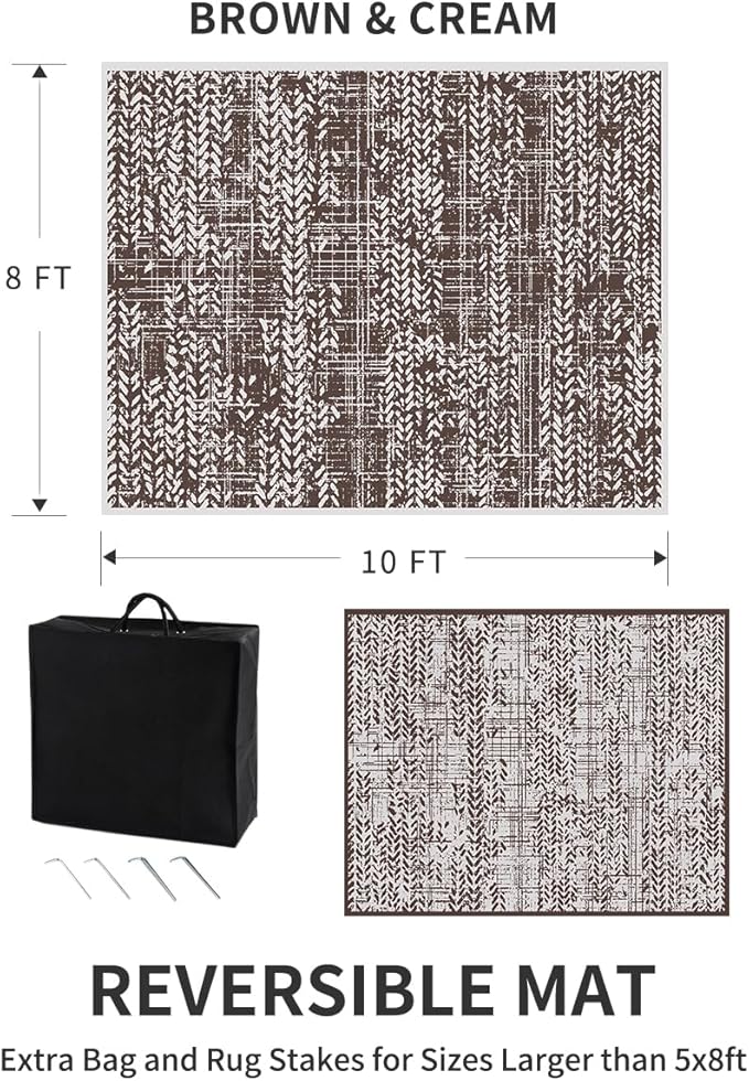 MontVoo Outdoor Rug 8x10 Waterproof-Patio Rug Mat Outdoor Carpet Reversible RV Camping Picnic Plastic Straw Rug Outside Outdoor Area Rug for Balcony Deck Backyard Patio Decor Boho Modern Brown