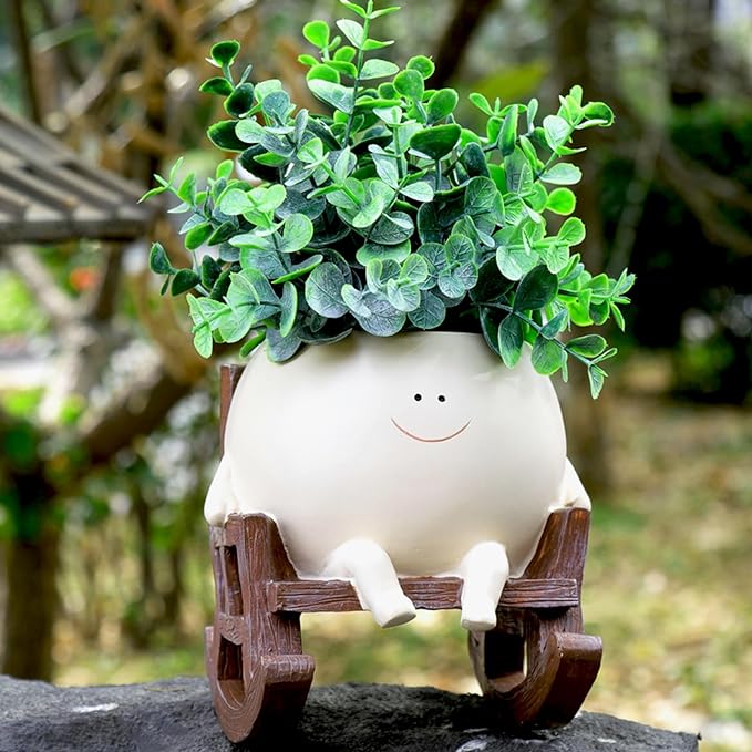 Face Planter Pots Cute Smile Flower Planter for Indoor Outdoor Plants Resin Rocking Chair Succulent Pot for String of Pearls Unique Gift on Mother's Day, Birthday, Christmas(Large)