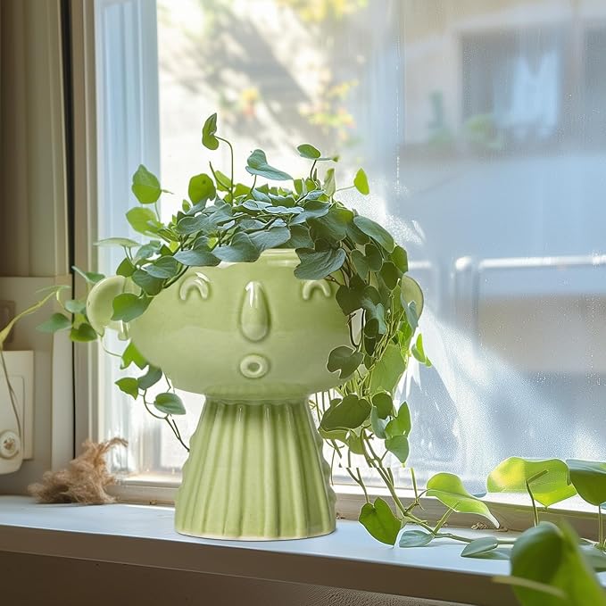 Face Planter Pot - 7 Inch Ceramic Head Planter for Indoor Plants Outdoor, Cute Succulent Flower Pots with Drainage Hole, Room Home Garden Decor, Gardening Gifts, Green