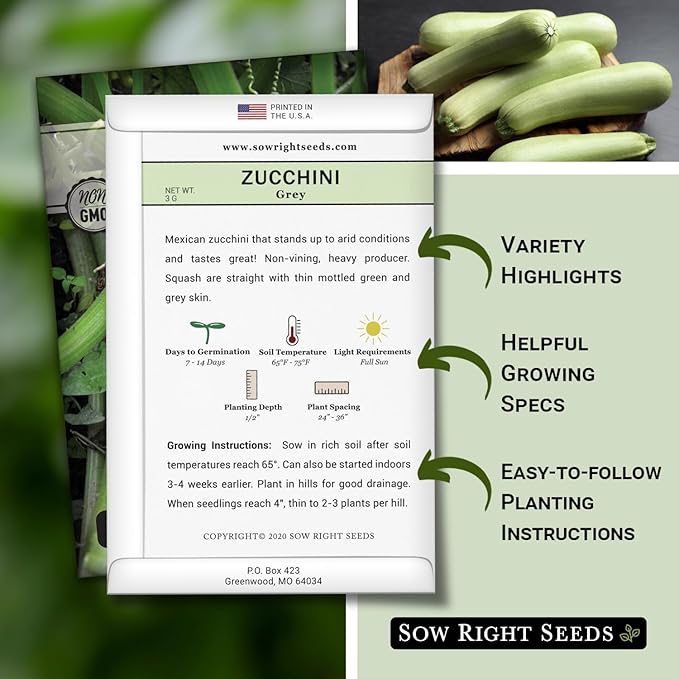 Sow Right Seeds - Grey Zucchini Seed for Planting - Non-GMO Heirloom Packet with Instructions to Plant a Home Vegetable Garden - Vigorous Summer Squash - Mexican Zucchini Good for Large Containers (2)