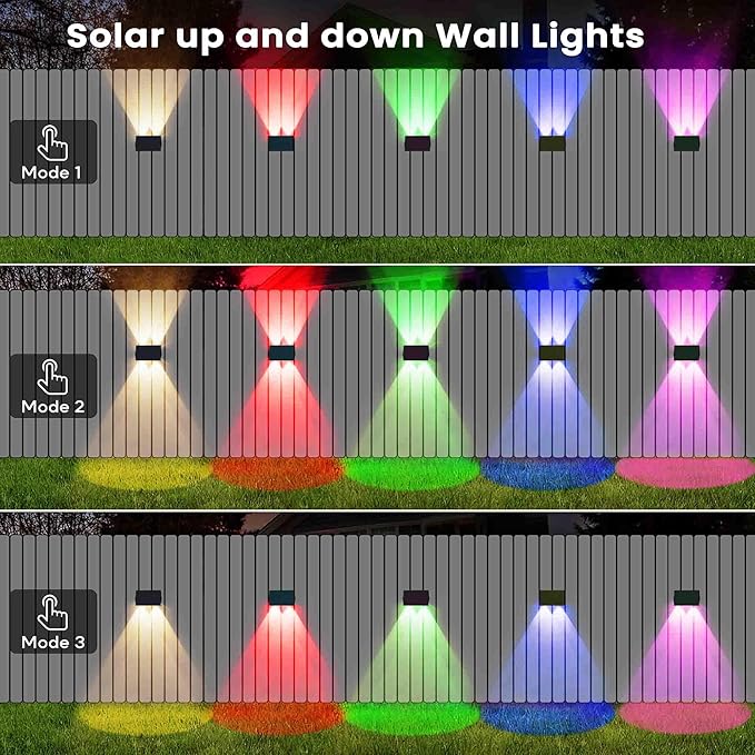 Fence Lights Solar Powered, 12-Pack Solar Fence Lights Up/Down Flexible Buttons, IP67 Waterproof for Outdoor, 120LM Bright, Auto Dusk to Dawn for Wall/Stairs/Yard/Railing/Deck/Pathway (White & RGB)