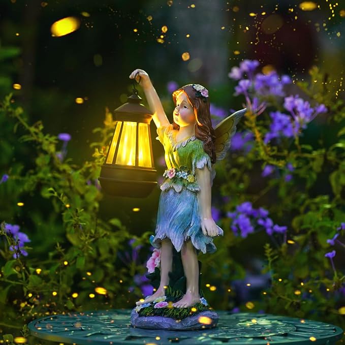 Fairy Garden Statue Solar Garden Fairy with Lantern Light Outdoor Garden Decoration Waterproof Solar Garden Sculpture for Patio Yard Lawn Gift for Mom Grandma