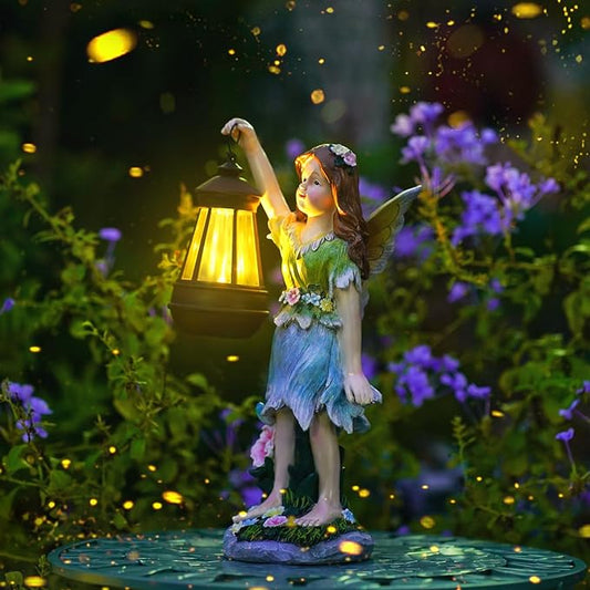 Fairy Garden Statue Solar Garden Fairy with Lantern Light Outdoor Garden Decoration Waterproof Solar Garden Sculpture for Patio Yard Lawn Gift for Mom Grandma
