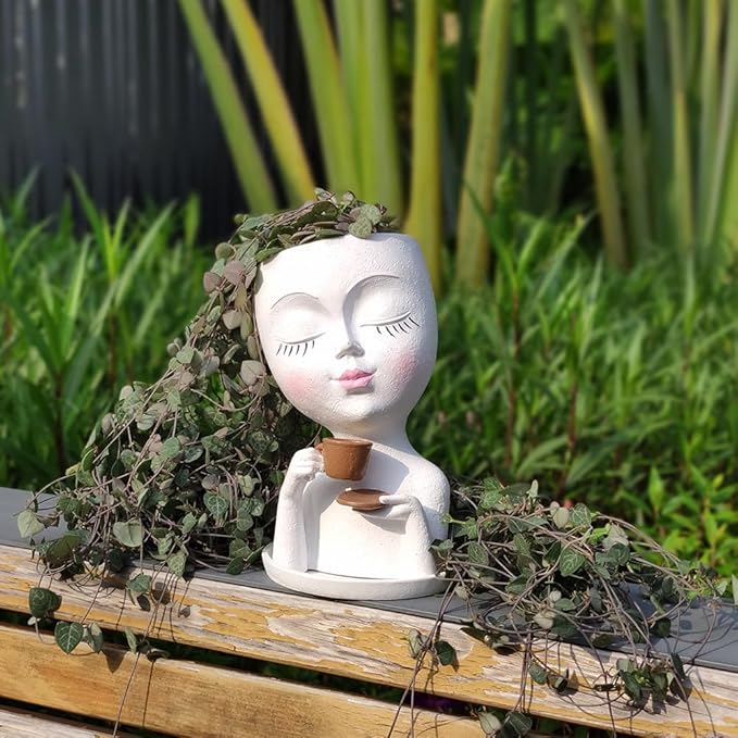 Face Planter Pots, Resin Face Planter for Indoo/Outdoor Plants,Head Planter with Drainage Hole/Removable Saucer (Coffee, White)