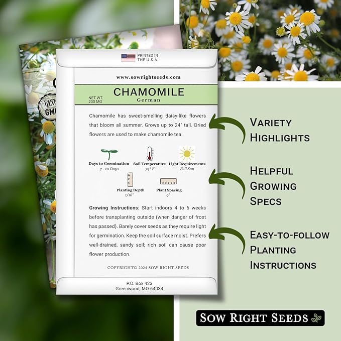 Sow Right Seeds - German Chamomile Seeds for Planting - Non-GMO Heirloom Packet with Instructions to Grow Herbal Tea - Medicinal & Aromatic Flower, Home Remedies - Small Daisy-Like Blooms (1)
