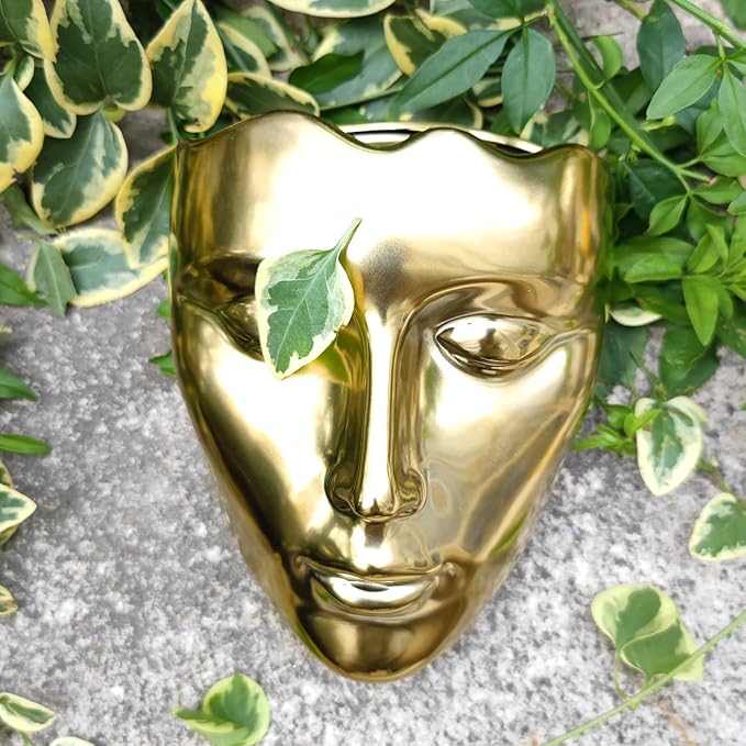 Face Vase,Ceramic Female Form Vase,Modern Sculpture Planter Pot,Human Face Dried Flower Shaped Vase,Wall Hanging Plant Pot for Home Decor Centerpieces, Office or Outdoor Hanging Decor Gold