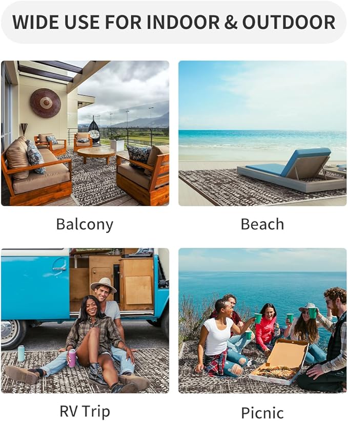 MontVoo Outdoor Rug 8x10 Waterproof-Patio Rug Mat Outdoor Carpet Reversible RV Camping Picnic Plastic Straw Rug Outside Outdoor Area Rug for Balcony Deck Backyard Patio Decor Boho Modern Brown