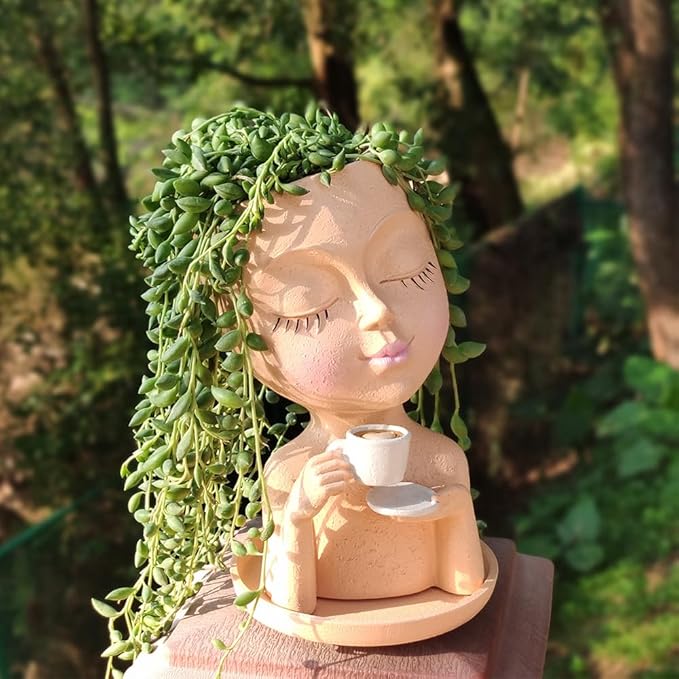 Face Planter Pots, Resin Face Planter for Indoor/Outdoor Plants,Head Planter with Drainage Hole/Removable Saucer,Girl Holding Coffe (Coffee, Light)