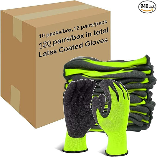 Evridwear Crinkle Latex Rubber Hand Coated Safety Work Gloves for Men Women General Multi Use Construction Warehouse Gardening Assembly Landscaping (S-Size) Lime 120 Pairs Pack