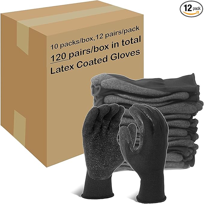 Evridwear Crinkle Latex Rubber Hand Coated Safety Work Gloves for Men Women General Multi Use Construction Warehouse Gardening Assembly Landscaping (XXL-Size) 120 Pairs Pack