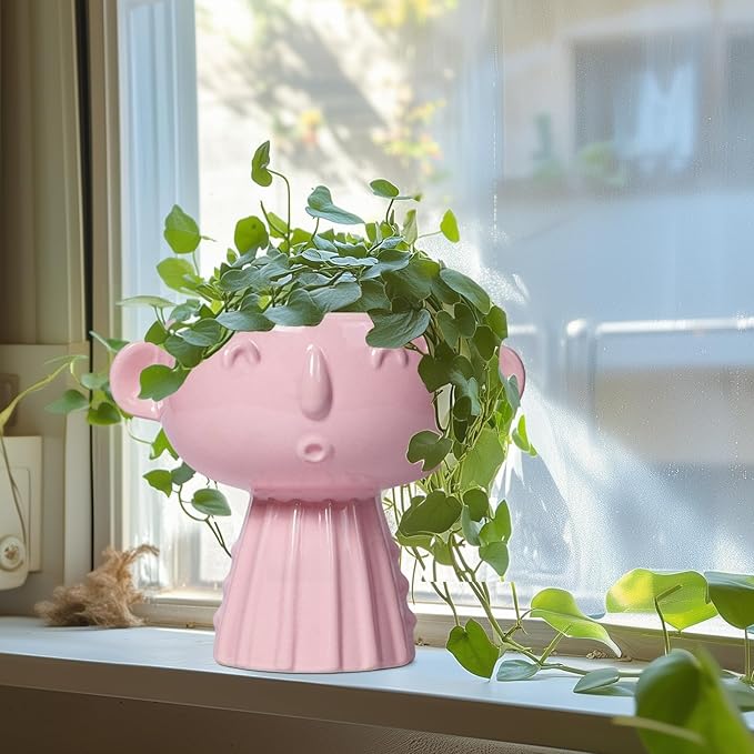 Face Pots for Plants - 7 Inch Ceramic Face Planters Pots Head for Indoor Outdoor, Small Funny Succulent Planters with Drainage Hole, House Room Apartment Decor, Gifts for Women, Bright Pink
