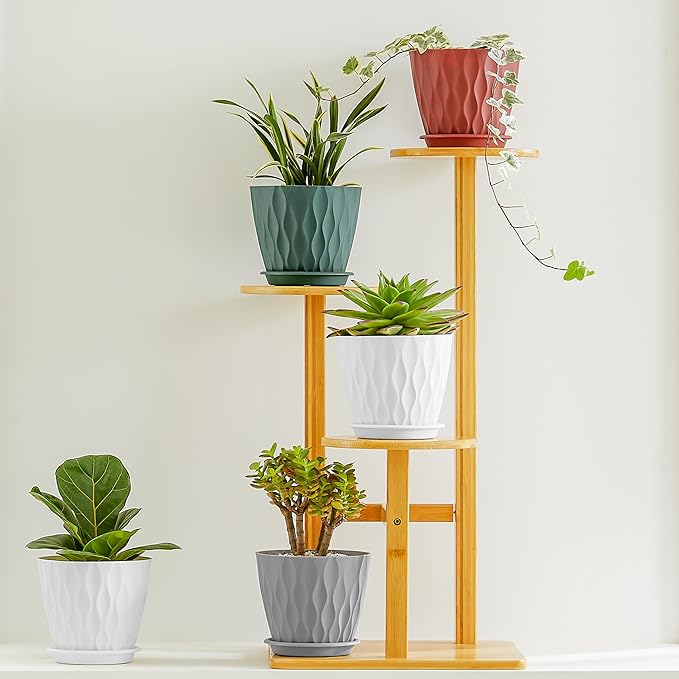 FaithLand 6-Pack 6-Inch Plastic Plant Pots with Saucers | Thickened PP Material, Modern Wave Texture, Enhanced Drainage for Indoor/Outdoor Garden Plants | Multicolor Value Set