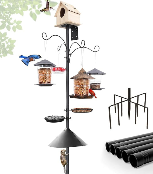 eWonLife 92 Inch Bird Feeder Pole with Squirrel Baffle & Upgraded 9-Prong Base, Adjustable Bird House Pole for Outdoors Heavy Duty, Bird Feeder Stand Post Station with 4 Shepherd Hooks, Birdbath, Tray