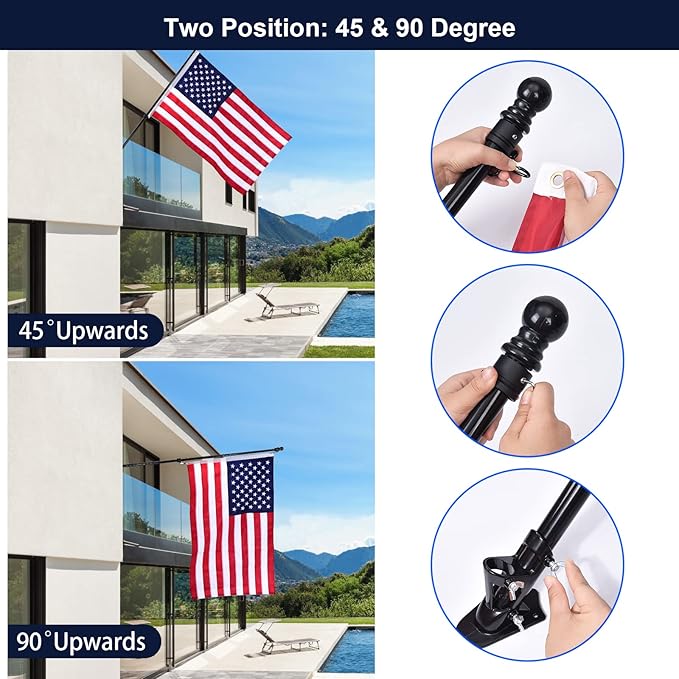 Quarut House Flag Pole Kit,Including 6Ft Stainless Steel Flag Pole,Heavy Duty Nylon 3x5 Ft American Flag,Aluminum Alloy Rings and Bracket.Wall Mounted Flagpole Set for Residential Commercial(Black)