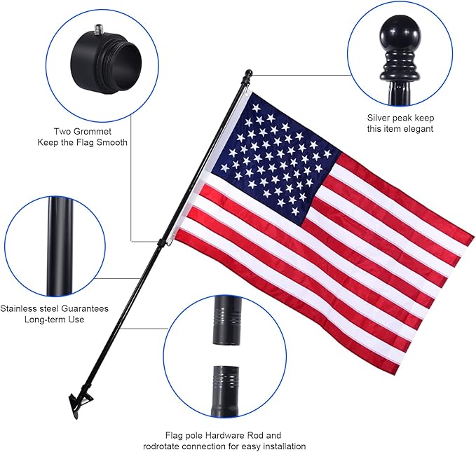 Quarut House Flag Pole Kit,Including 6Ft Stainless Steel Flag Pole,Heavy Duty Nylon 3x5 Ft American Flag,Aluminum Alloy Rings and Bracket.Wall Mounted Flagpole Set for Residential Commercial(Black)
